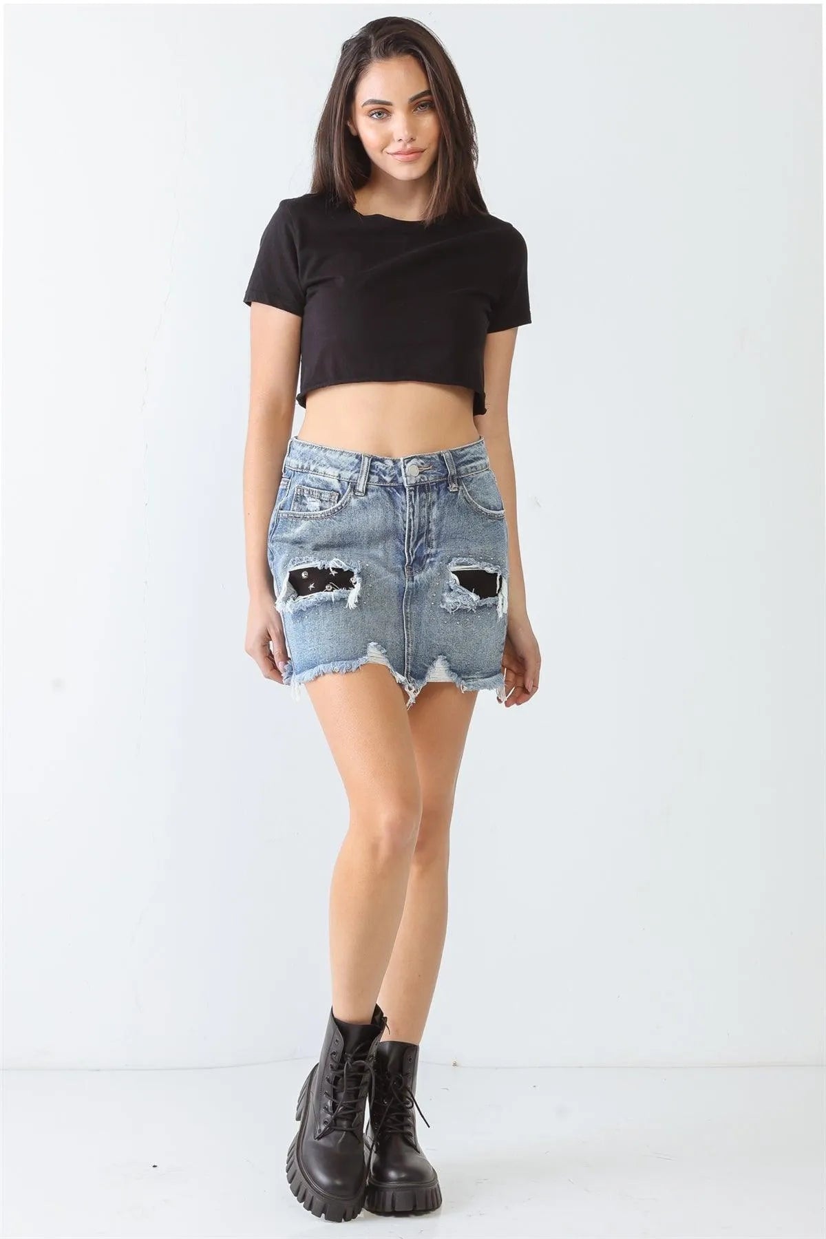 Distressed Trim High Waist Mini Denim Skirt - Tasha Apparel Wholesale