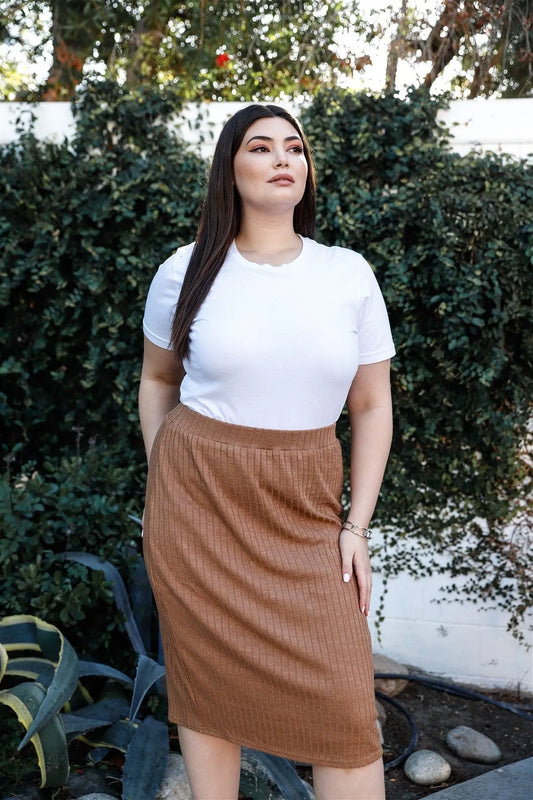 Junior Plus Tan Ribbed Midi Skirt /1-1-1 - Tasha Apparel Wholesale
