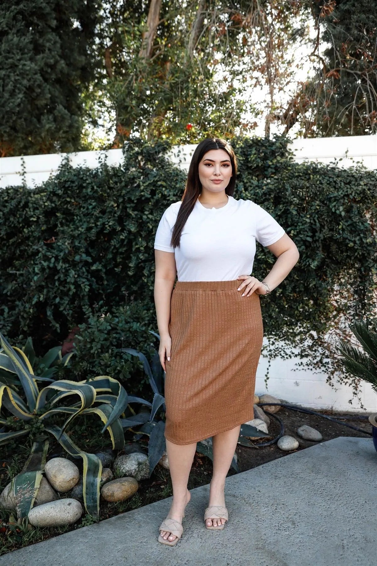 Junior Plus Tan Ribbed Midi Skirt /1-1-1 - Tasha Apparel Wholesale