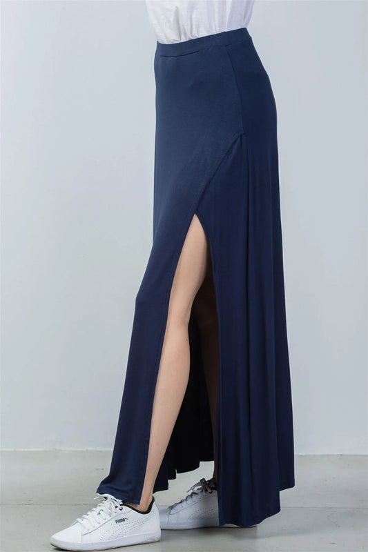 Navy Side Slit Long Skirt /3-2-1 - Tasha Apparel Wholesale