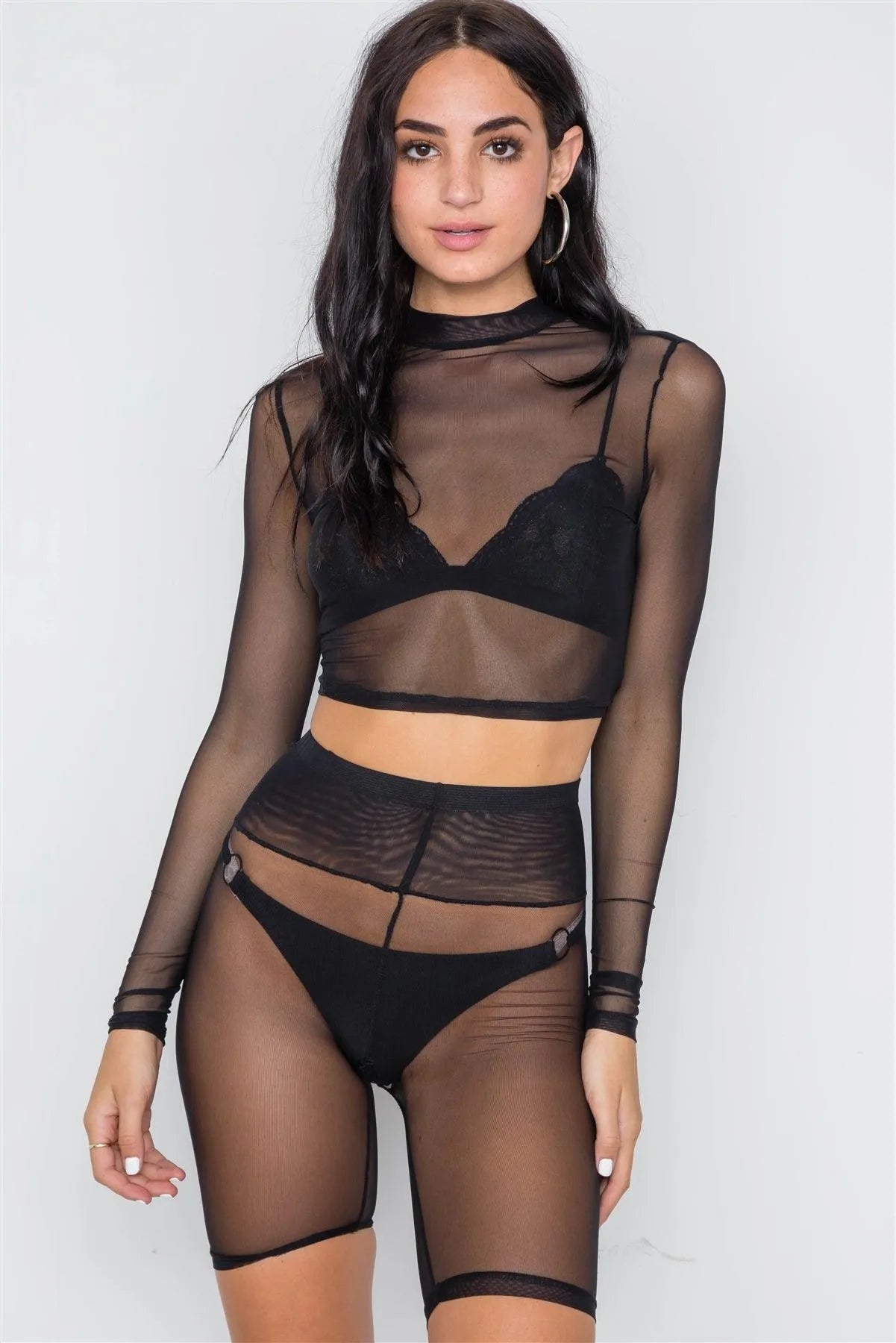 Black Sheer 2 Piece Biker Shorts Crop Top Set - Tasha Apparel Wholesale