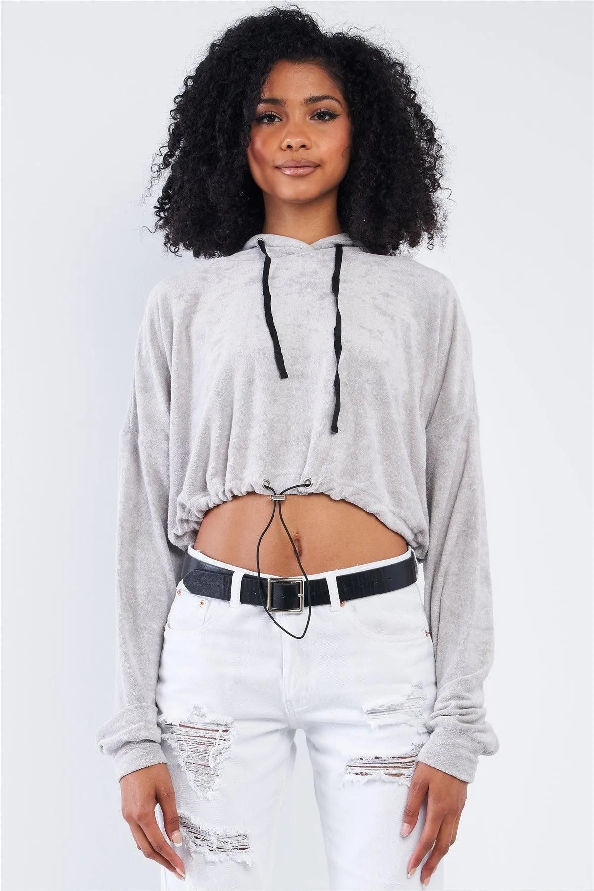 Grey Soft Relaxed Fit Long Sleeve Elastic Loop Draw String Tie Cropped Hoodie /3-2-1 - Tasha Apparel Wholesale