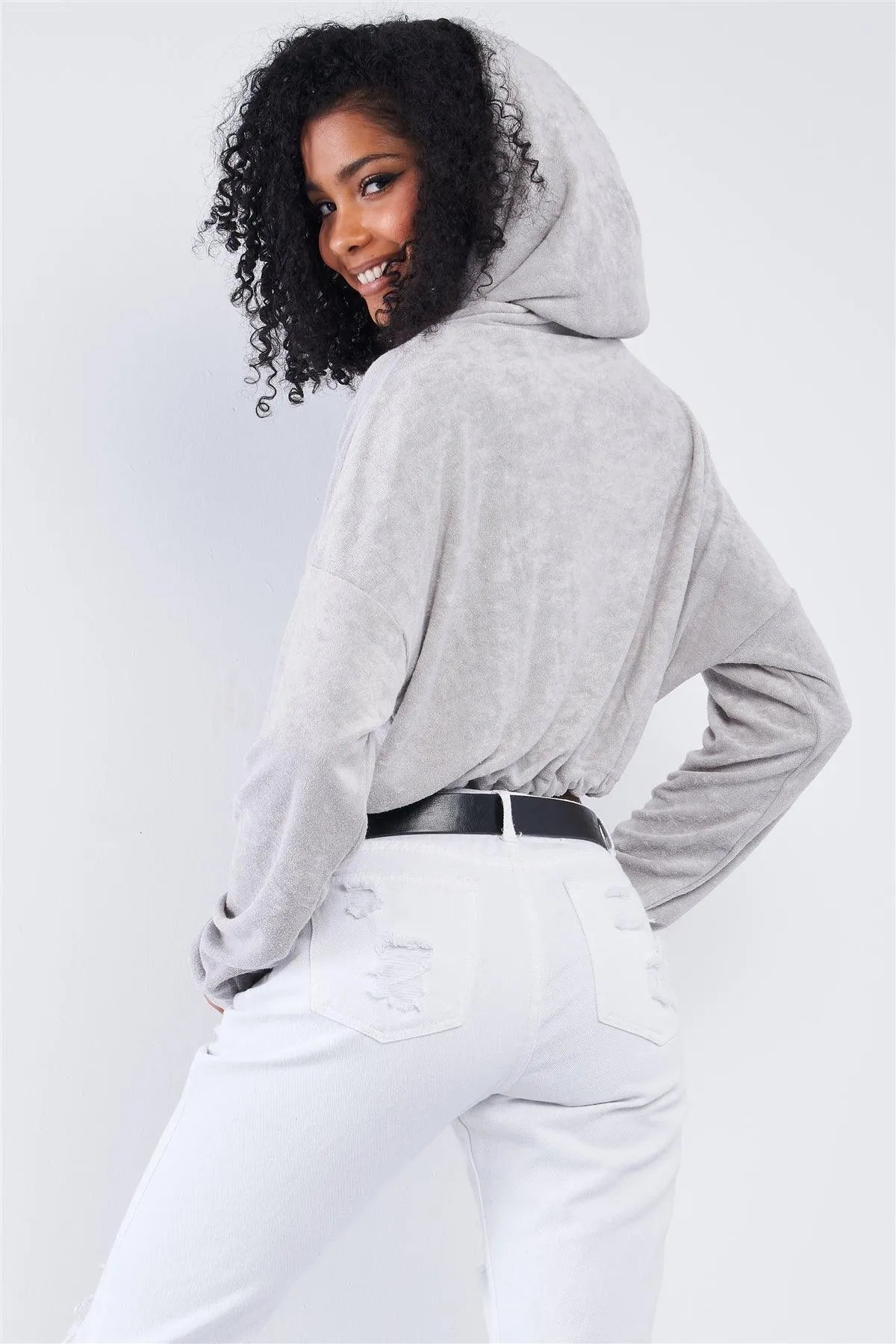Grey Soft Relaxed Fit Long Sleeve Elastic Loop Draw String Tie Cropped Hoodie /3-2-1 - Tasha Apparel Wholesale