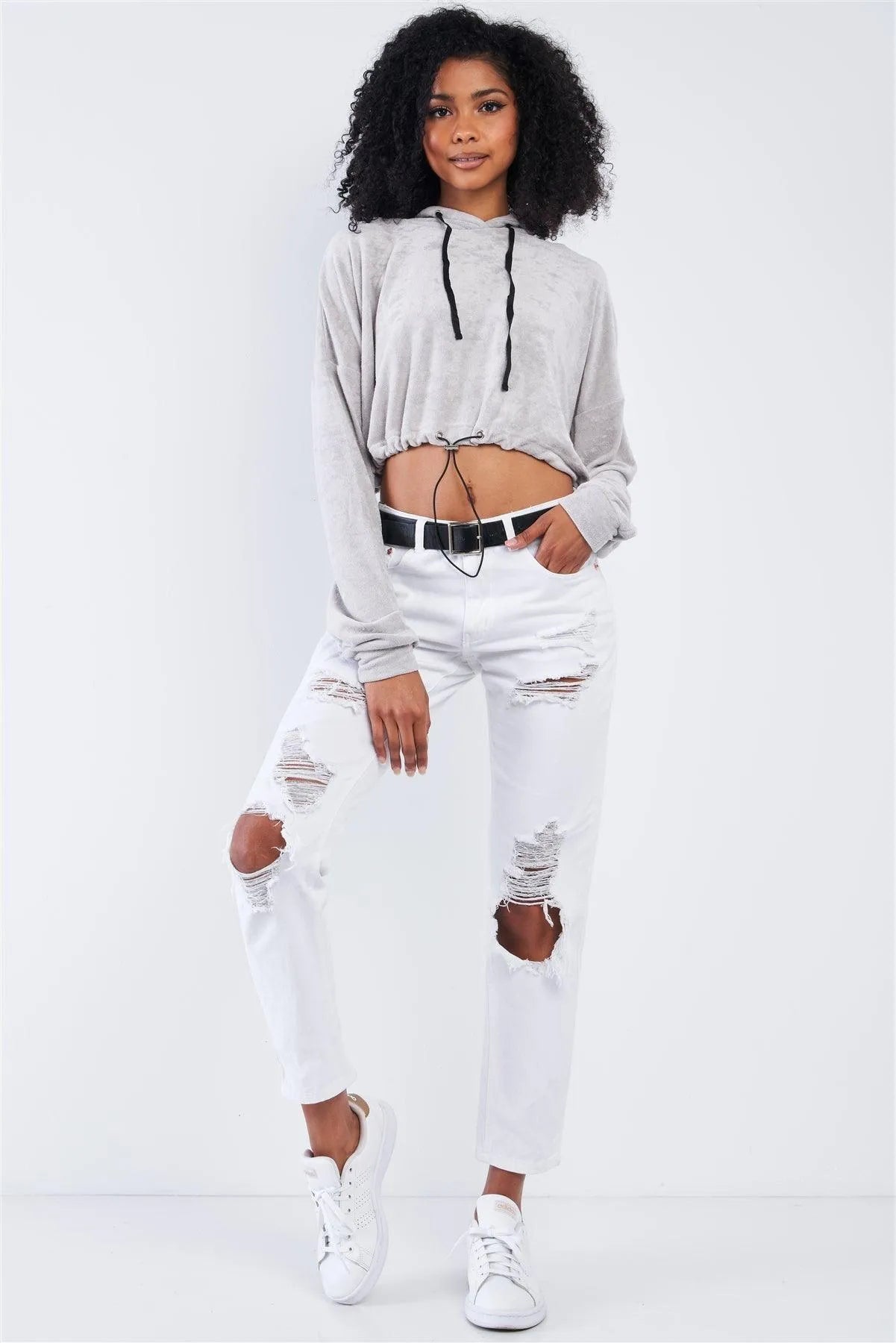 Grey Soft Relaxed Fit Long Sleeve Elastic Loop Draw String Tie Cropped Hoodie /3-2-1 - Tasha Apparel Wholesale