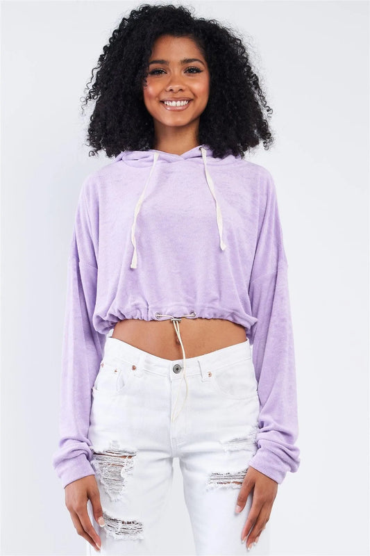 Lavender Soft Relaxed Fit Long Sleeve Elastic Loop Draw String Tie Cropped Hoodie /3-2-1 - Tasha Apparel Wholesale