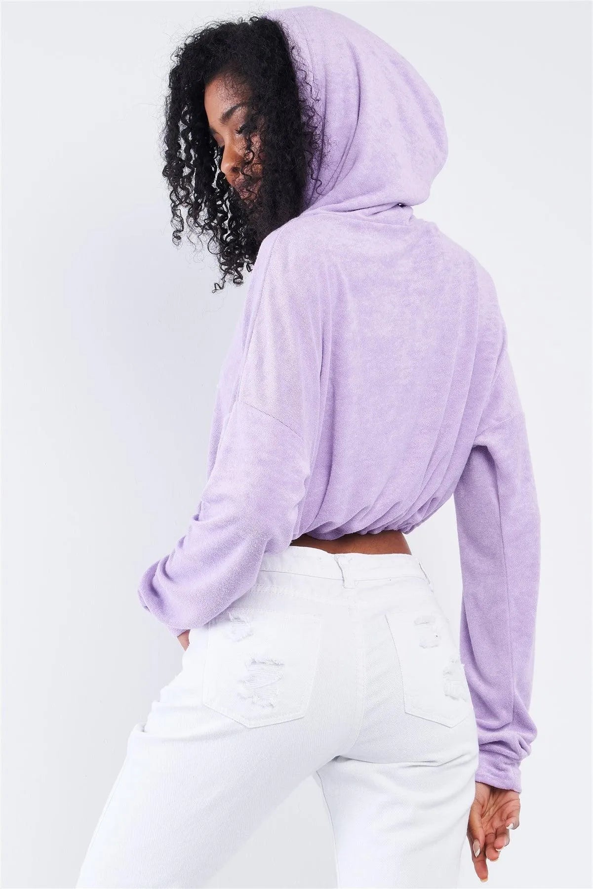 Lavender Soft Relaxed Fit Long Sleeve Elastic Loop Draw String Tie Cropped Hoodie /3-2-1 - Tasha Apparel Wholesale