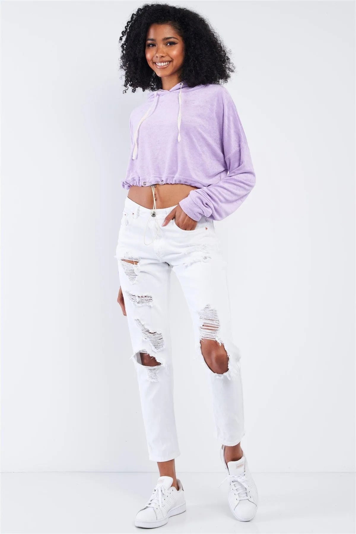 Lavender Soft Relaxed Fit Long Sleeve Elastic Loop Draw String Tie Cropped Hoodie /3-2-1 - Tasha Apparel Wholesale