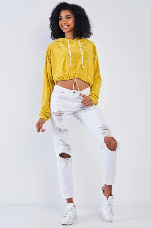 Lemon Yellow Soft Relaxed Fit Long Sleeve Elastic Loop Draw String Tie Cropped Hoodie /3-2-1 - Tasha Apparel Wholesale