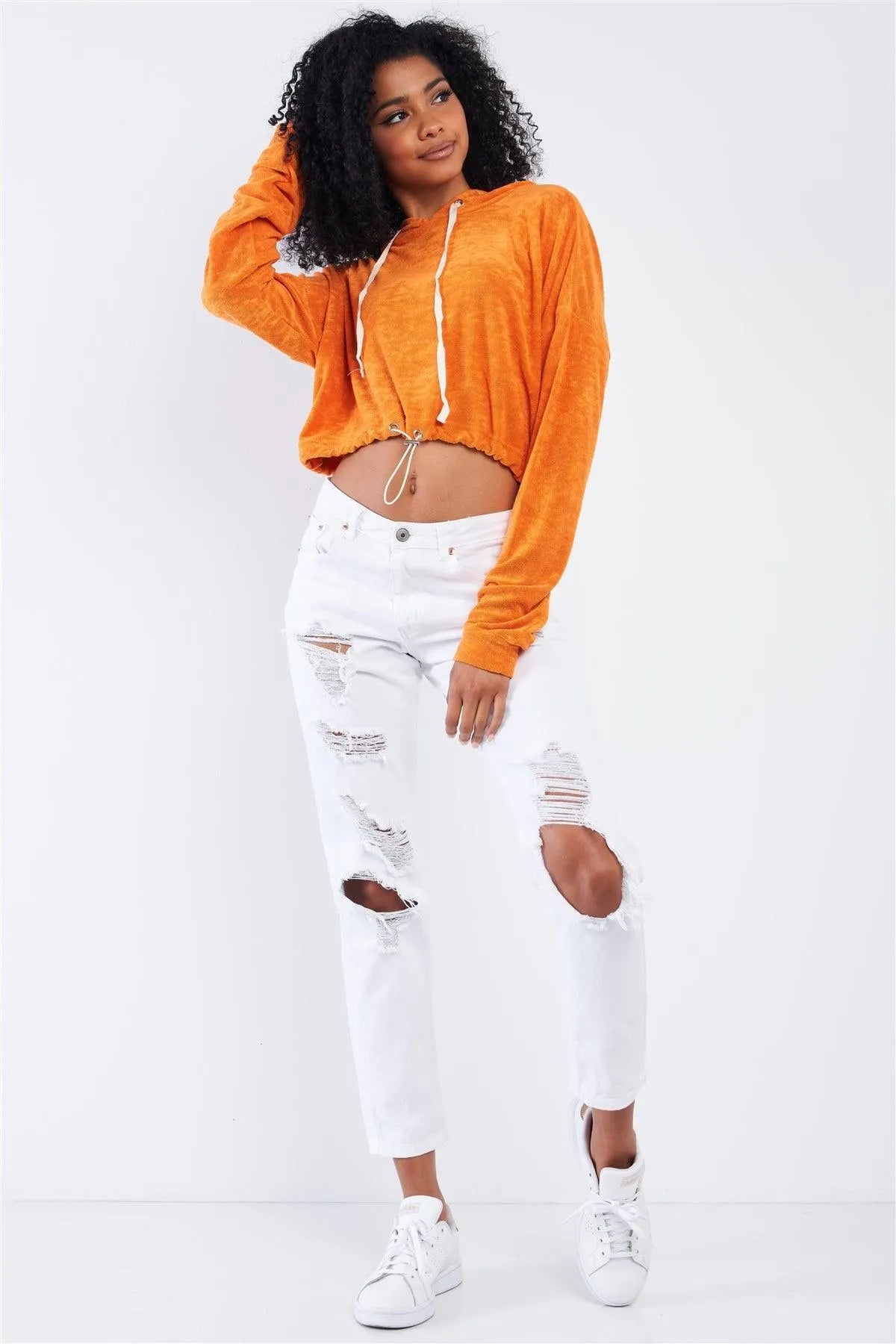 Sunset Orange Soft Relaxed Fit Long Sleeve Elastic Loop Draw String Tie Cropped Hoodie /2-2-1 - Tasha Apparel Wholesale