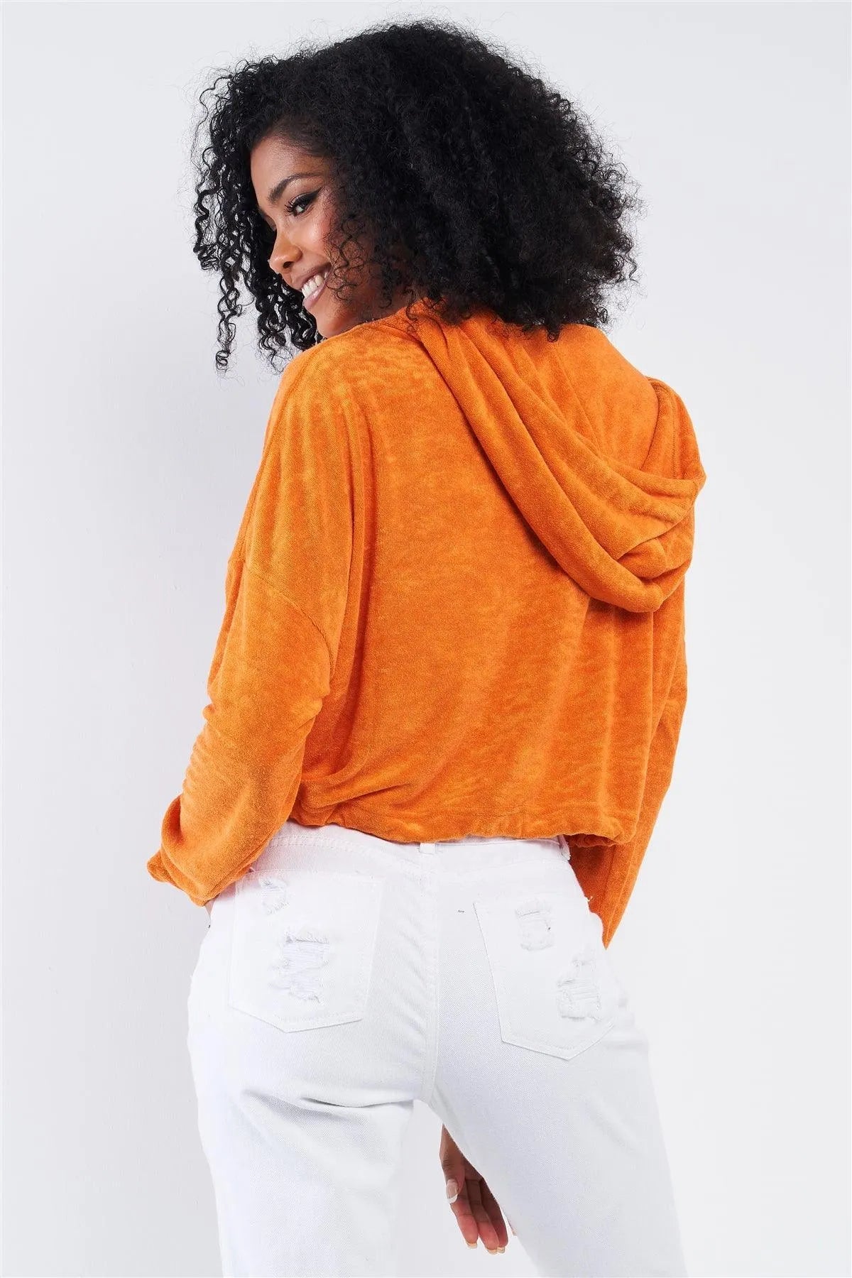 Sunset Orange Soft Relaxed Fit Long Sleeve Elastic Loop Draw String Tie Cropped Hoodie /2-2-1 - Tasha Apparel Wholesale