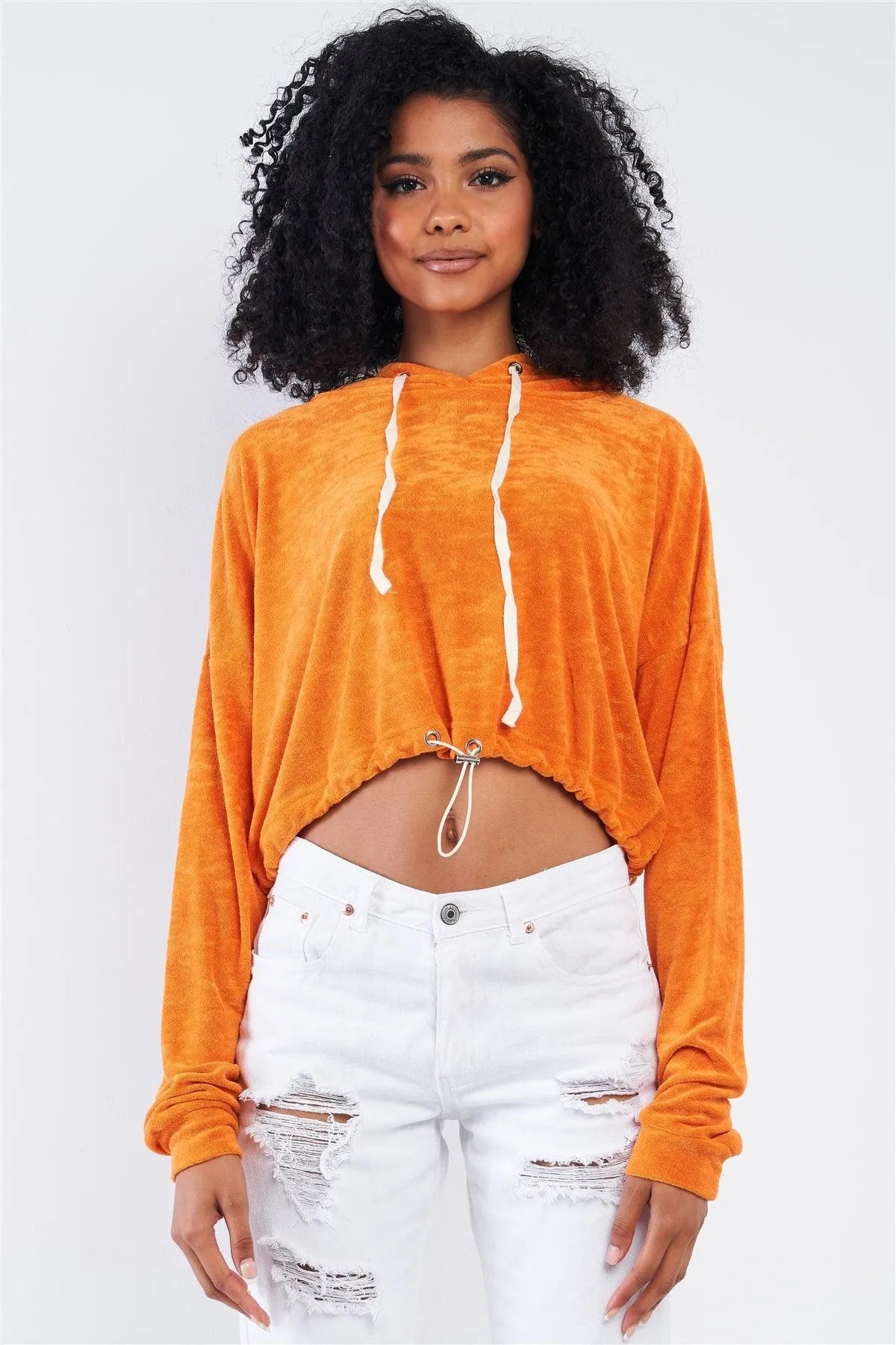 Sunset Orange Soft Relaxed Fit Long Sleeve Elastic Loop Draw String Tie Cropped Hoodie /2-2-1 - Tasha Apparel Wholesale