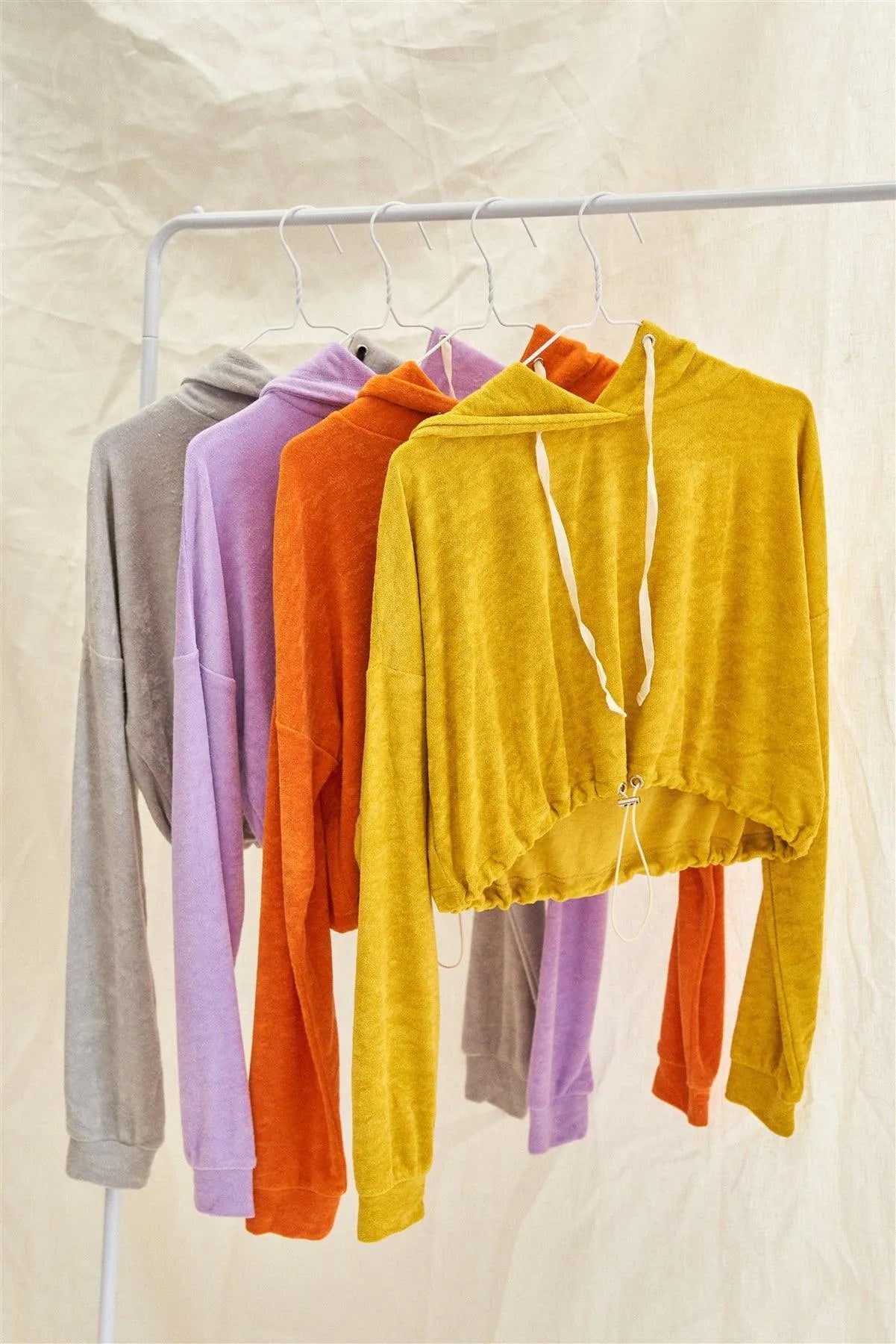 Sunset Orange Soft Relaxed Fit Long Sleeve Elastic Loop Draw String Tie Cropped Hoodie /2-2-1 - Tasha Apparel Wholesale