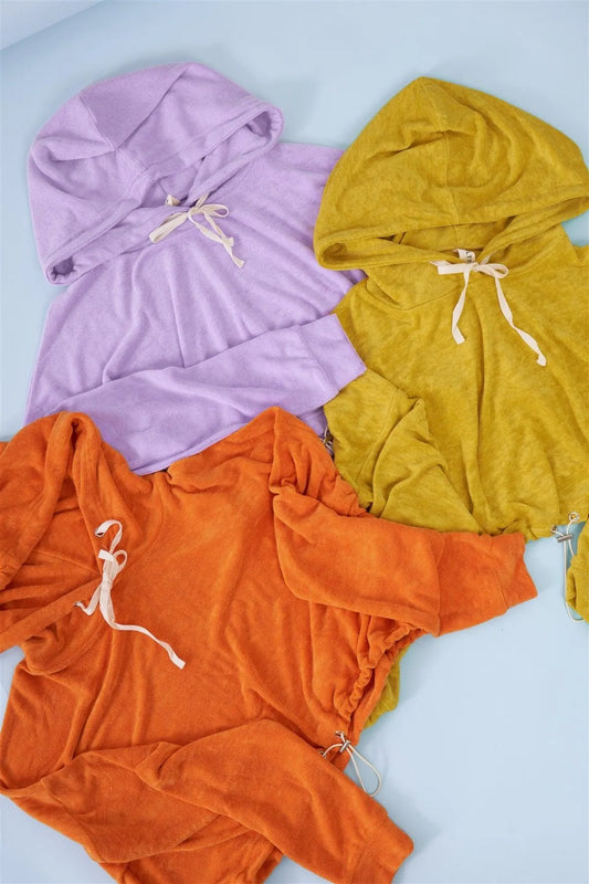 Sunset Orange Soft Relaxed Fit Long Sleeve Elastic Loop Draw String Tie Cropped Hoodie /3-2-1 - Tasha Apparel Wholesale