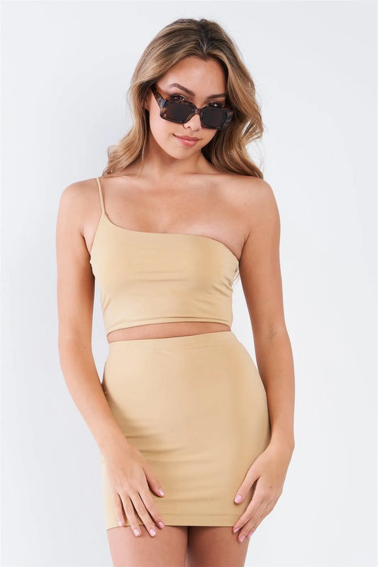 Nude One Shoulder Crop Cami Top & Mini Skirt Set /3-2-1 - Tasha Apparel Wholesale