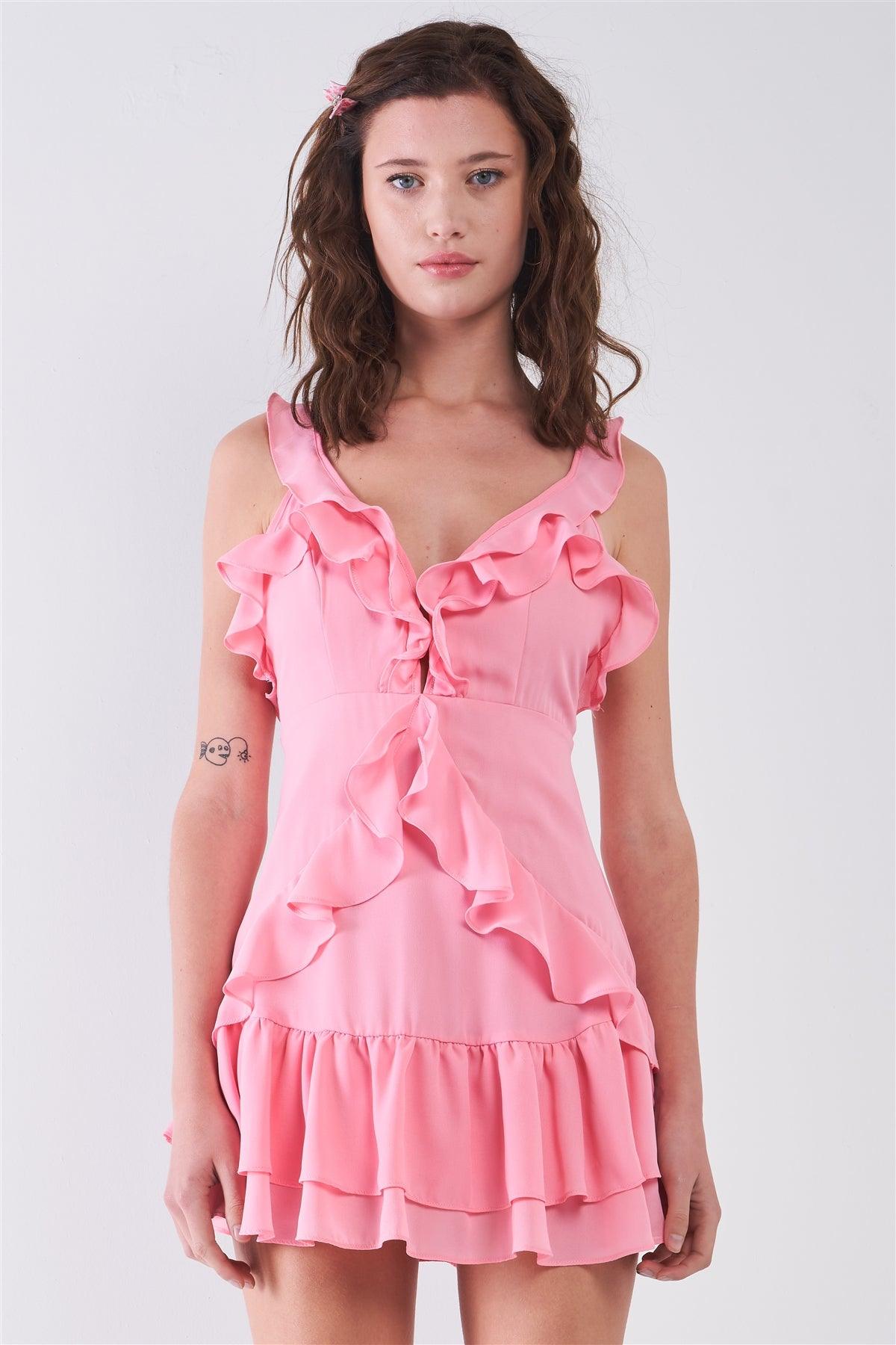 Pink Sleeveless V-Neck Ruffle Mini Dress /3-2-1