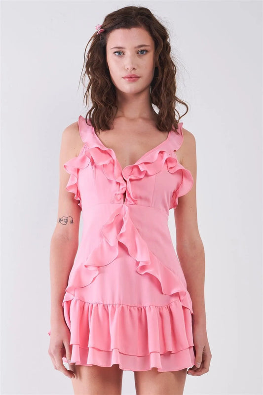 Pink Sleeveless V-Neck Ruffle Mini Dress - Tasha Apparel Wholesale