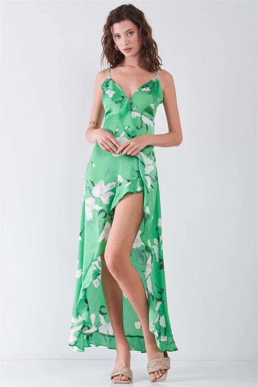 Green Satin Floral Print Sleeveless V-Neck Self-Tie Back Ruffle Trim Side Slit Detail Maxi Dress - Tasha Apparel Wholesale