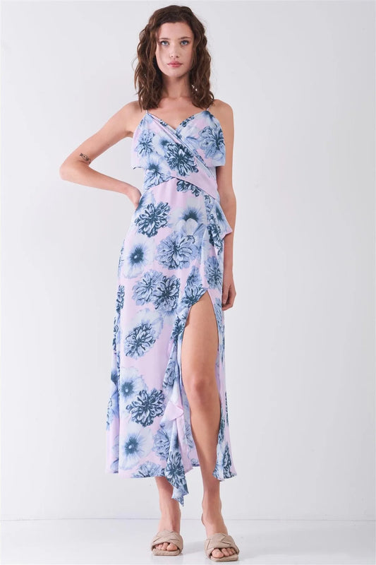 Blue & Pink Floral Print Sleeveless Self-Tie Wide Wrap Front Ruffle Hem Side Slit Detail Midi Dress /3-2-1 - Tasha Apparel Wholesale