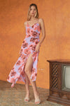 Coral & Lilac Floral Print Sleeveless Self-Tie Wide Wrap Front Ruffle Hem Side Slit Detail Midi Dress /3-2-1 - Tasha Apparel Wholesale