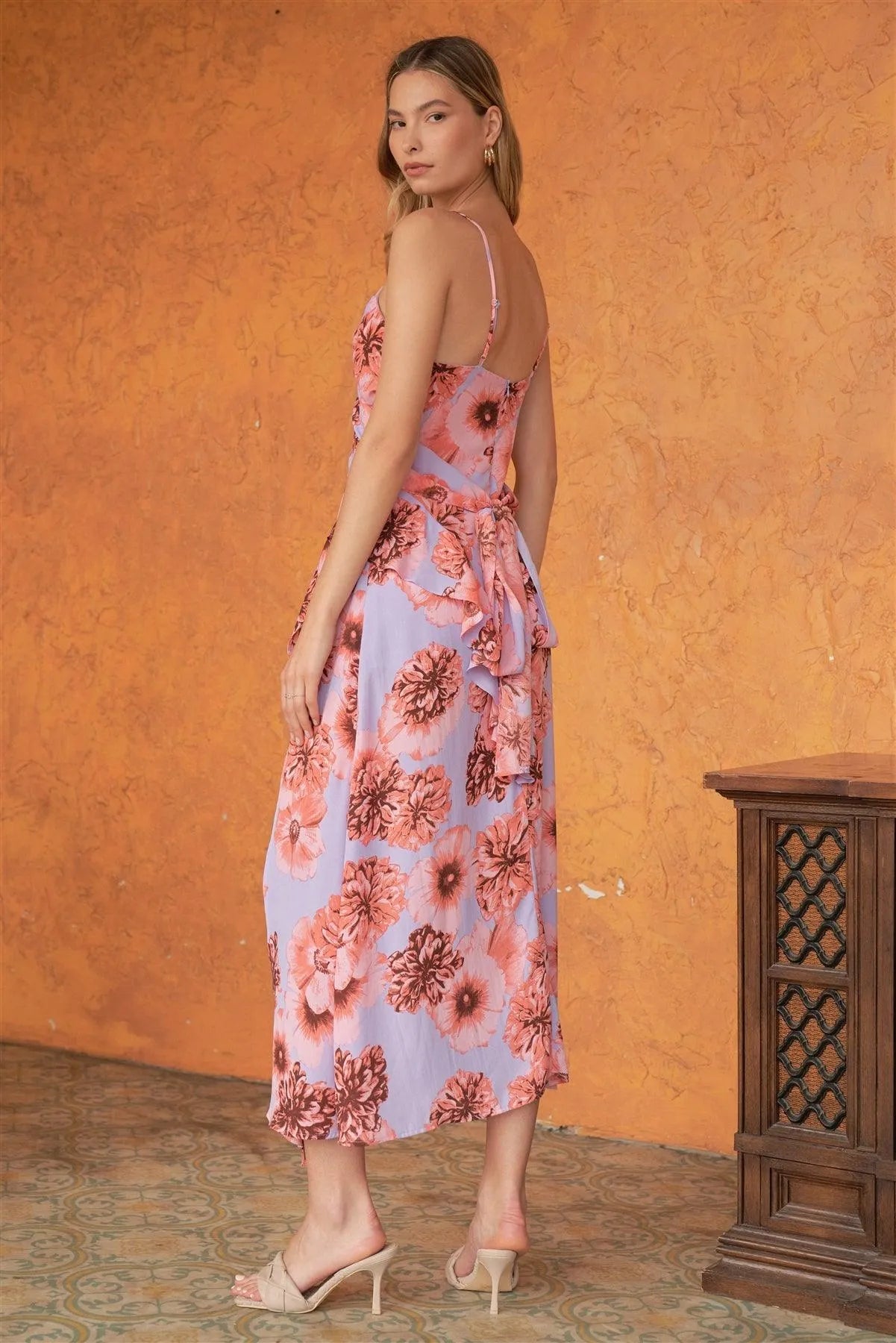 Coral & Lilac Floral Print Sleeveless Self-Tie Wide Wrap Front Ruffle Hem Side Slit Detail Midi Dress /3-2-1 - Tasha Apparel Wholesale