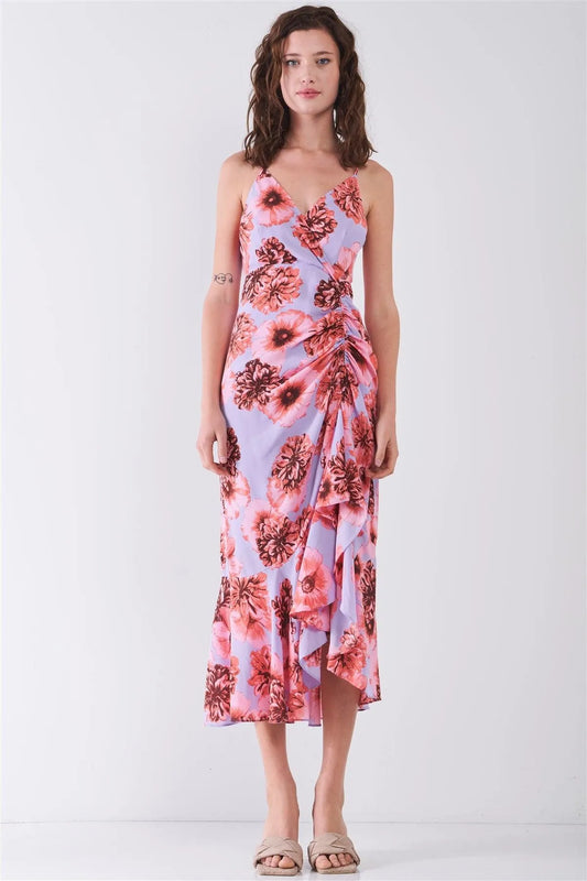 Coral & Lilac Floral Print Sleeveless V-Neck Gathered Side Detail Ruffle Hem Midi Dress /3-2-1 - Tasha Apparel Wholesale