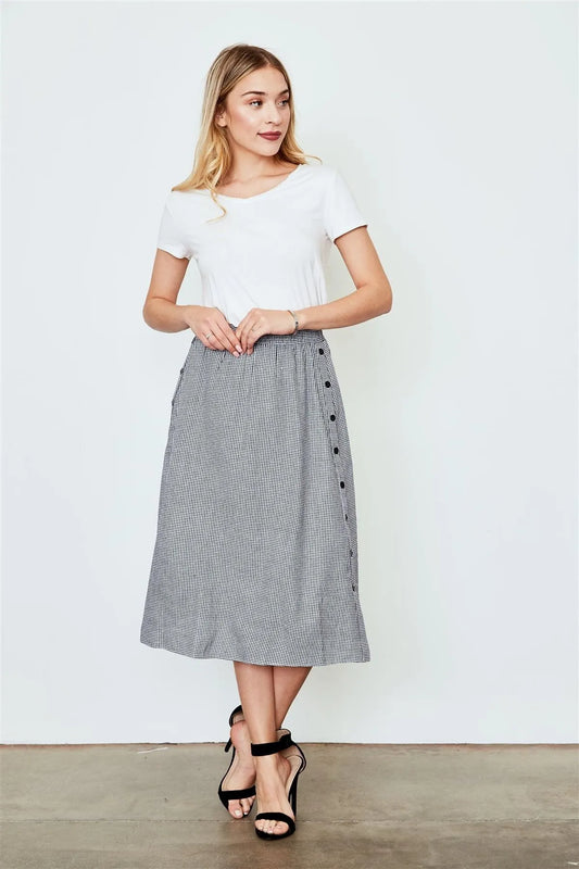Black Gingham Print Side Button Midi Skirt /2-2-2 - Tasha Apparel Wholesale