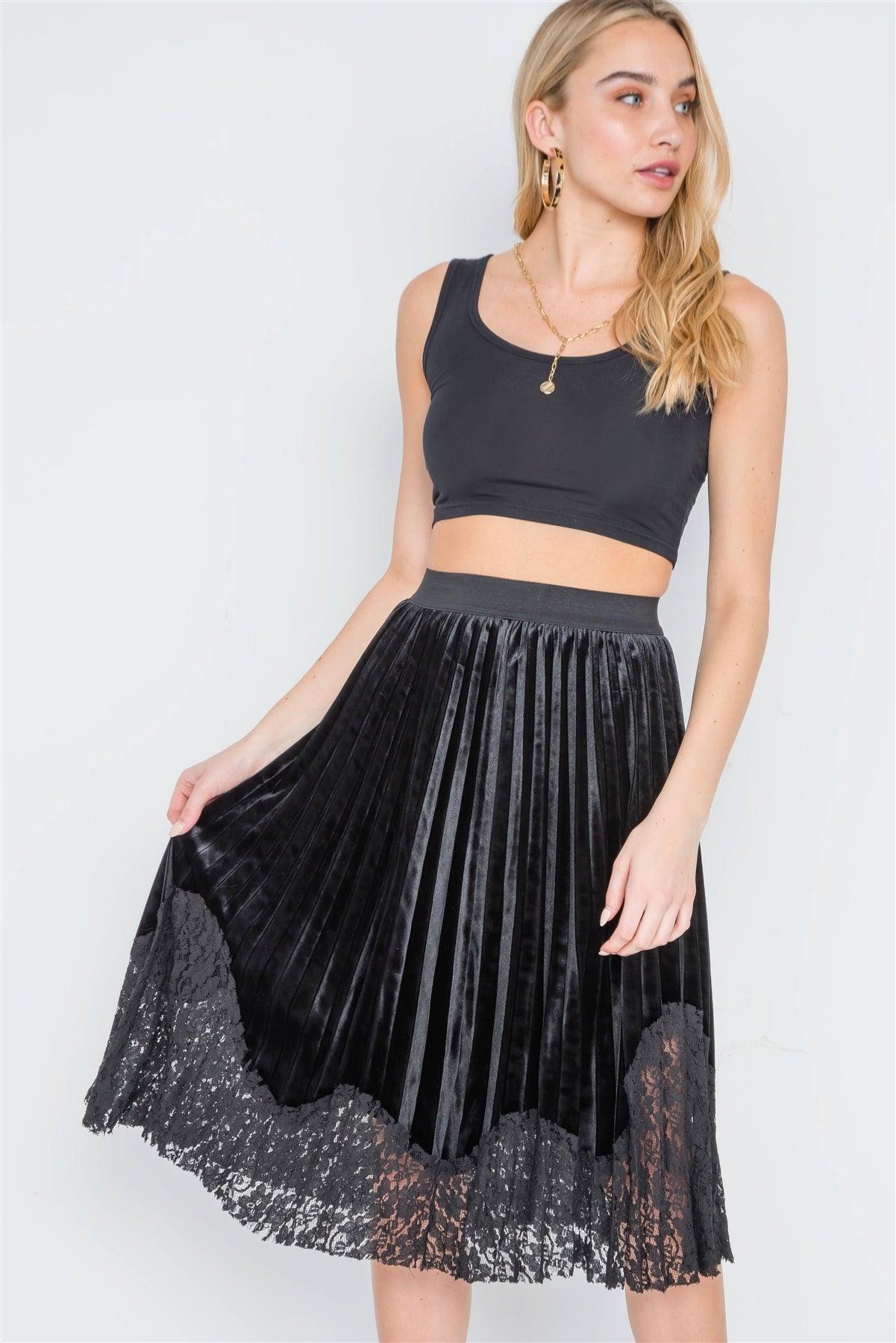 Black Velvet High-Waist Pleated Combo Lace Skirt /2-2-2