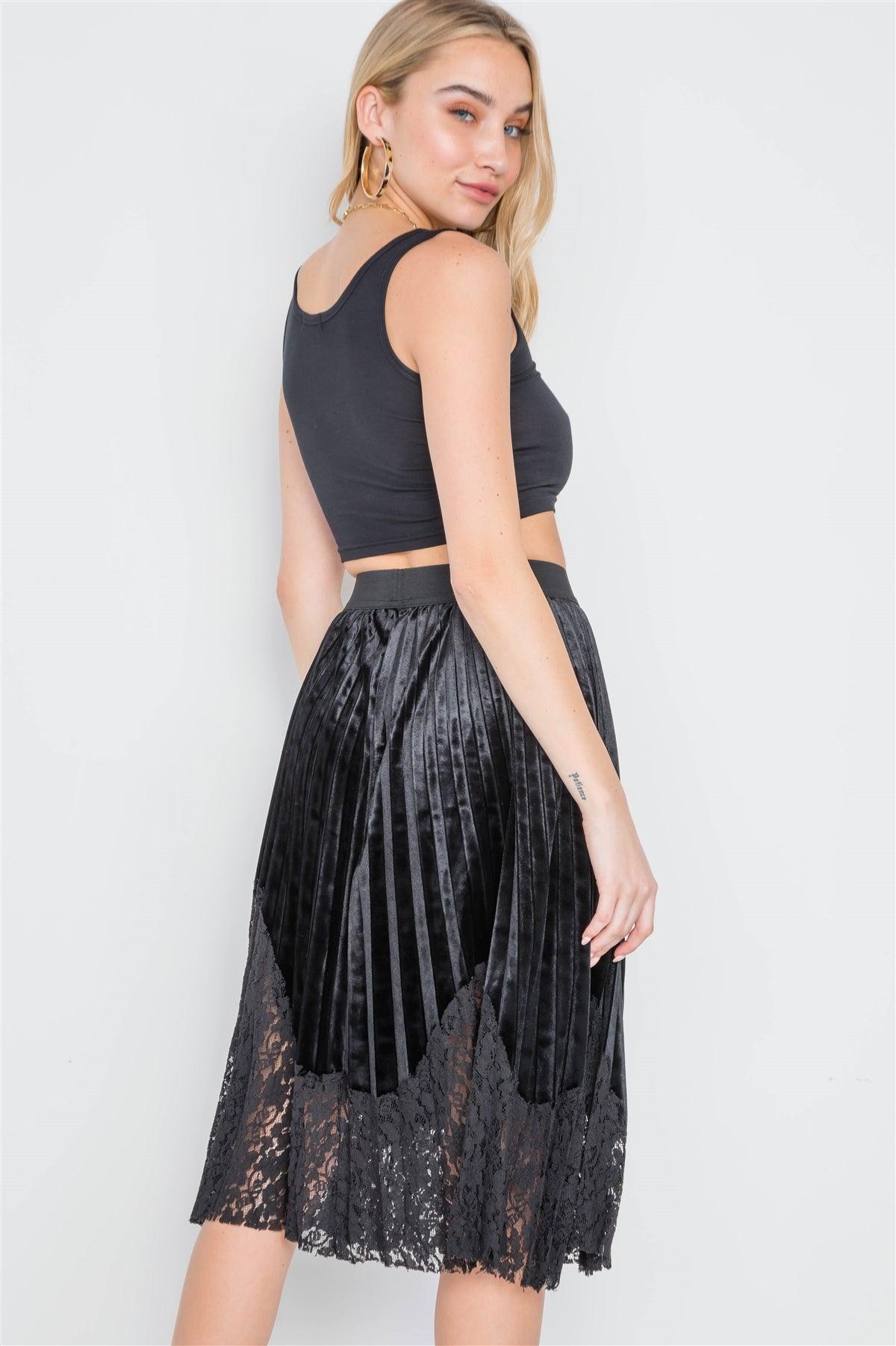 Black Velvet High-Waist Pleated Combo Lace Skirt /2-2-2