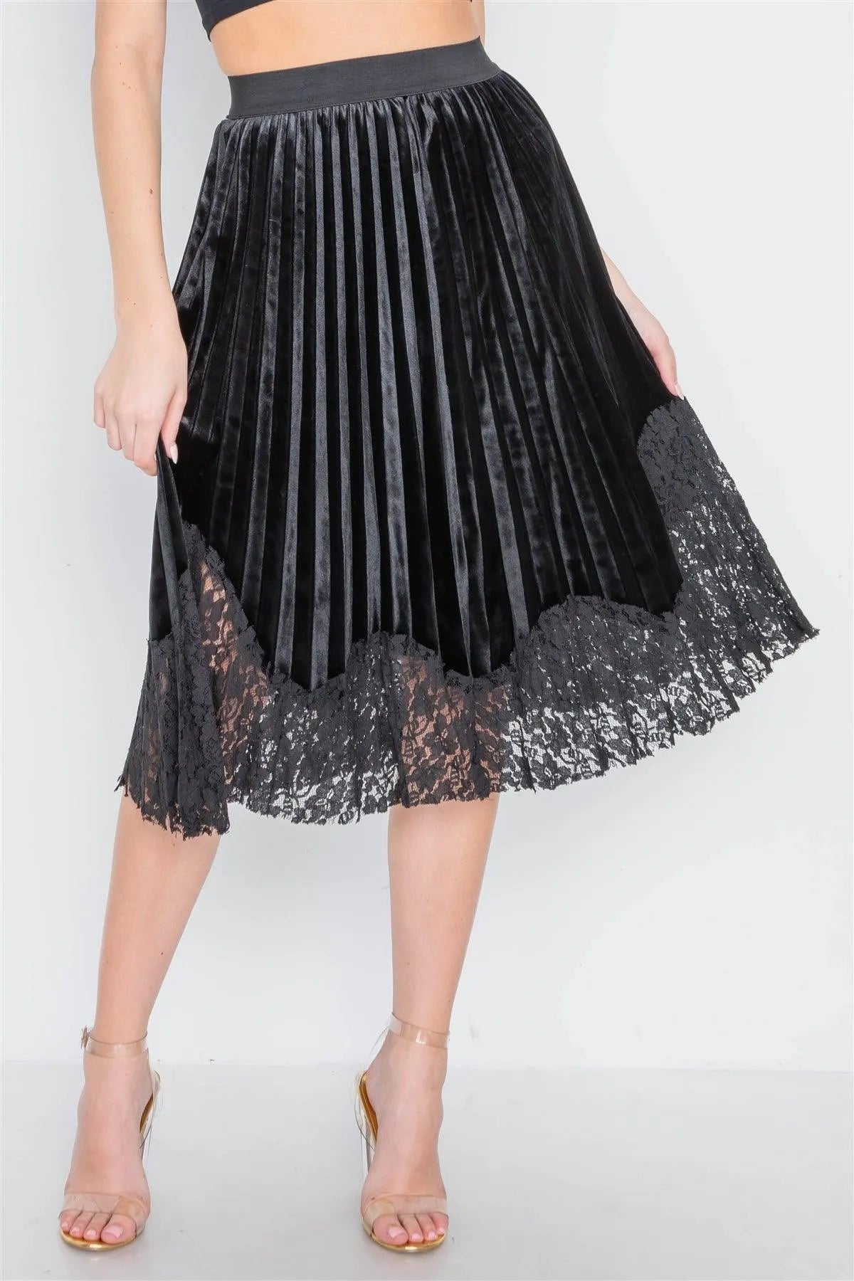 Black Velvet High-Waist Pleated Combo Lace Skirt - Tasha Apparel Wholesale