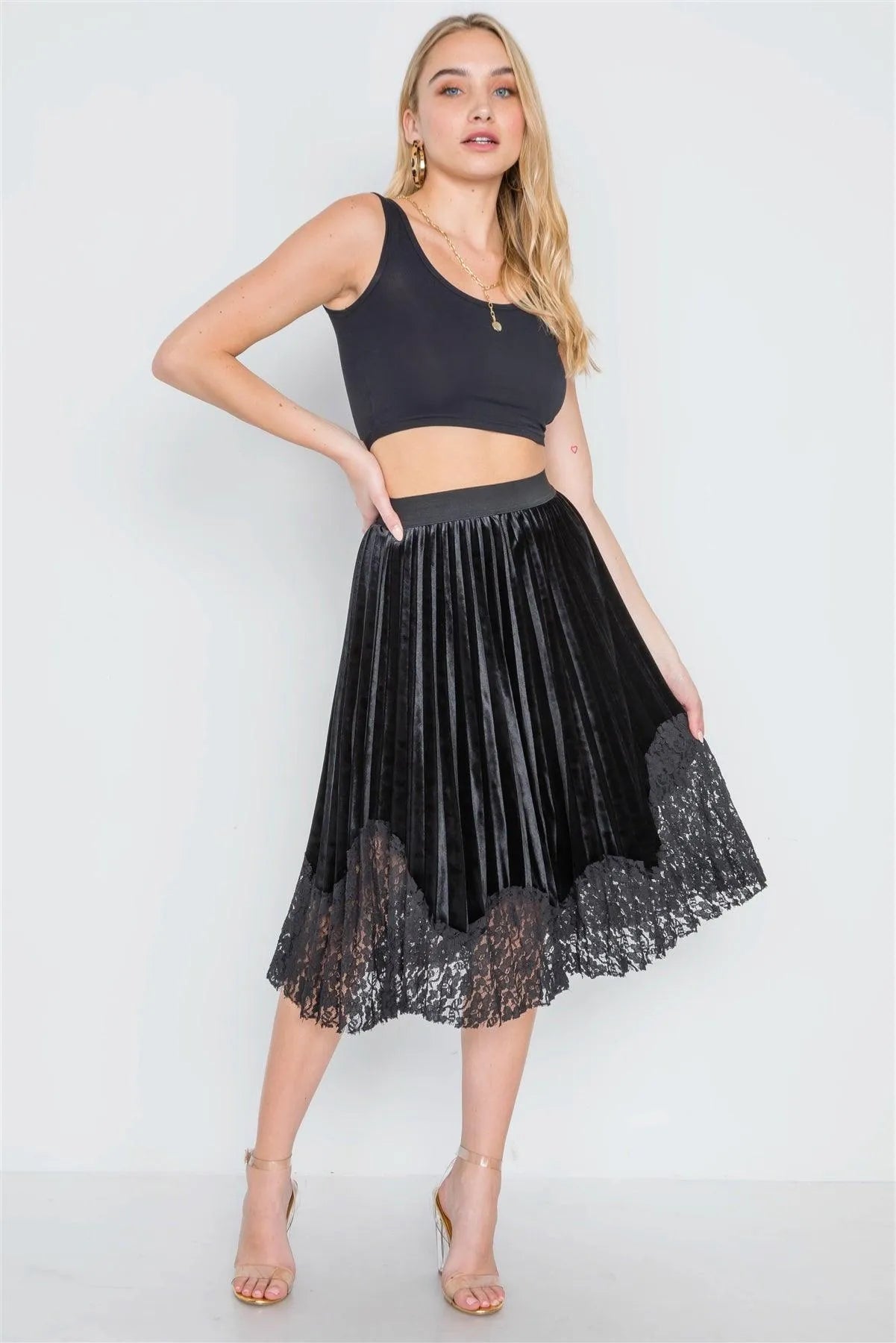 Black Velvet High-Waist Pleated Combo Lace Skirt - Tasha Apparel Wholesale