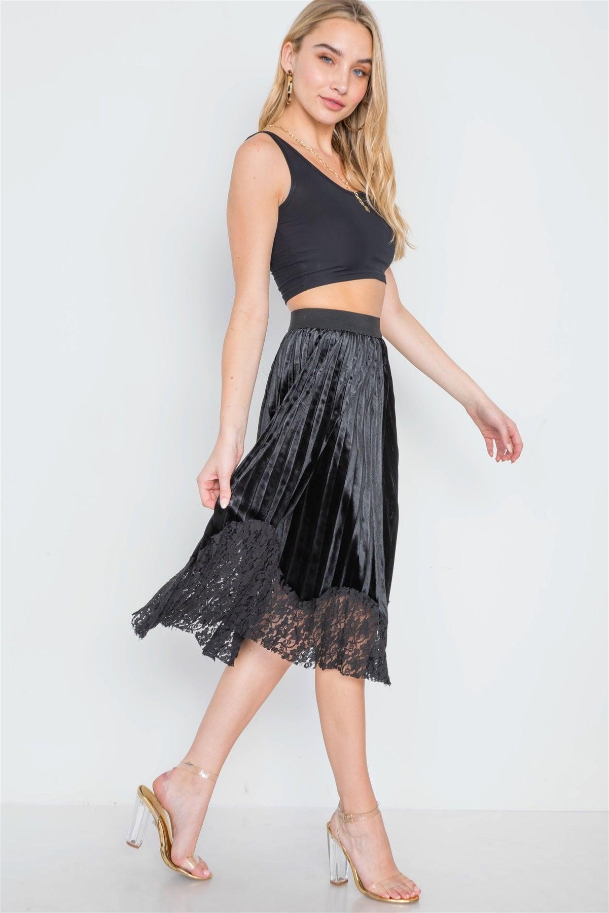 Black Velvet High-Waist Pleated Combo Lace Skirt /1-2-2-1