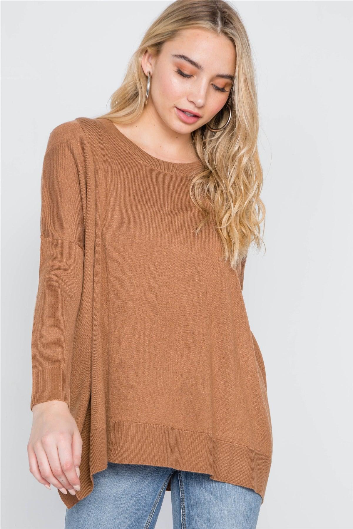 Camel Loose Fit Long Sleeve Cut-Out Sweater /2-2-2