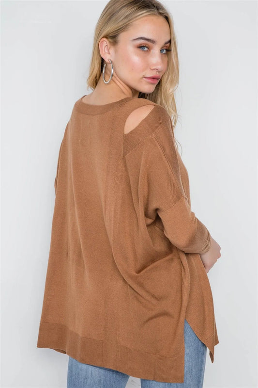 Camel Loose Fit Long Sleeve Cut-Out Sweater /1-3-2 - Tasha Apparel Wholesale