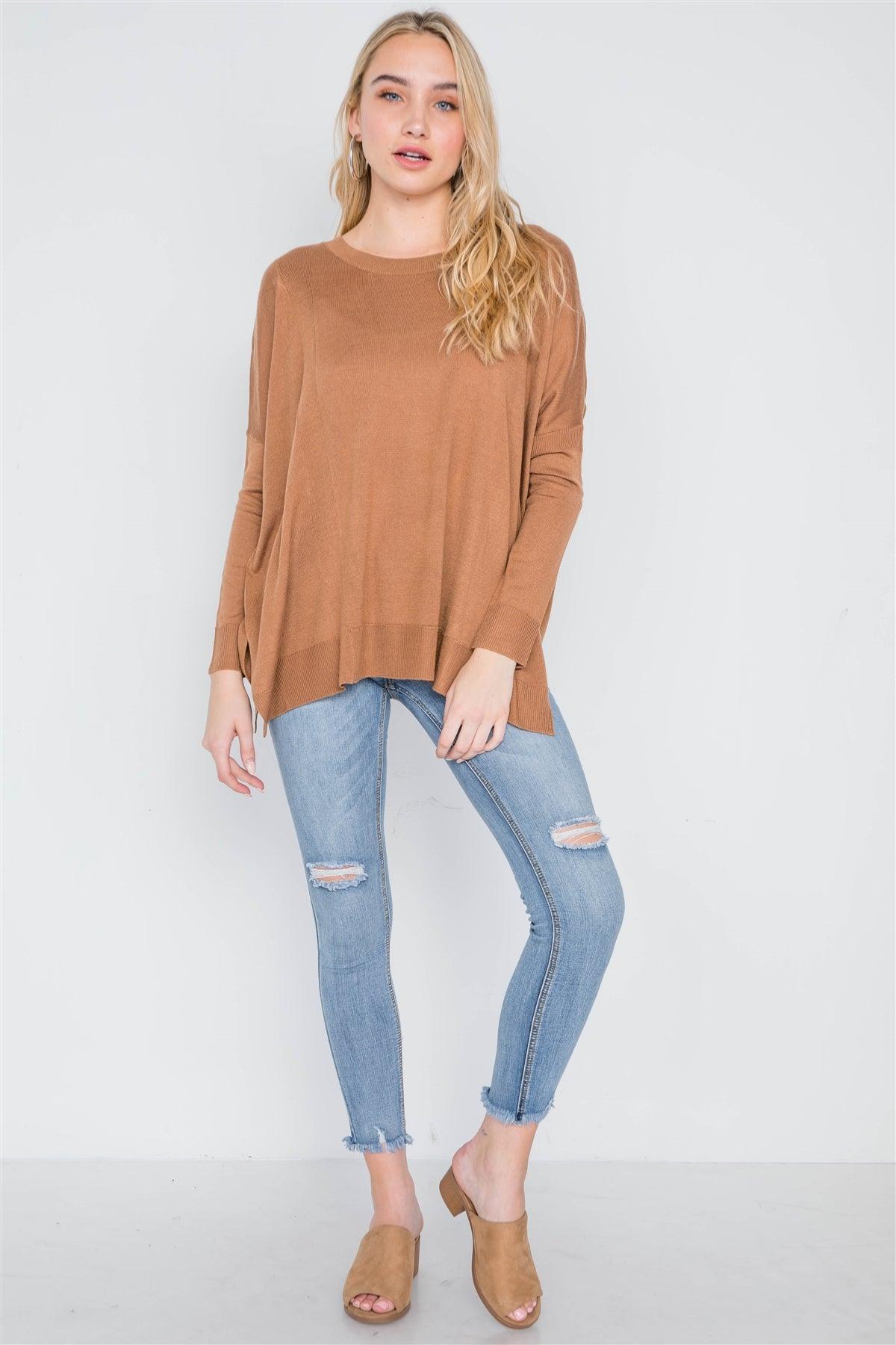 Camel Loose Fit Long Sleeve Cut-Out Sweater /1-3-2