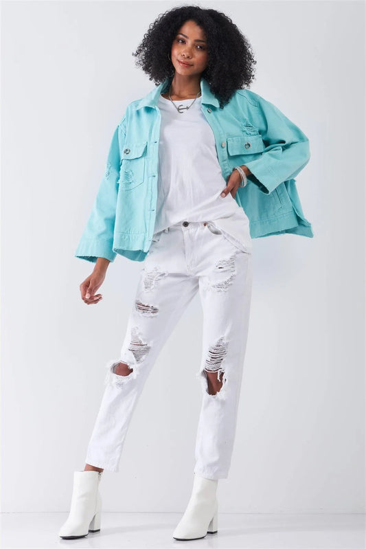 Washed Mint Distressed Button-Down Front Raw Hem Detail Wide Sleeve Oversized Denim Jacket /3-2 - Tasha Apparel Wholesale