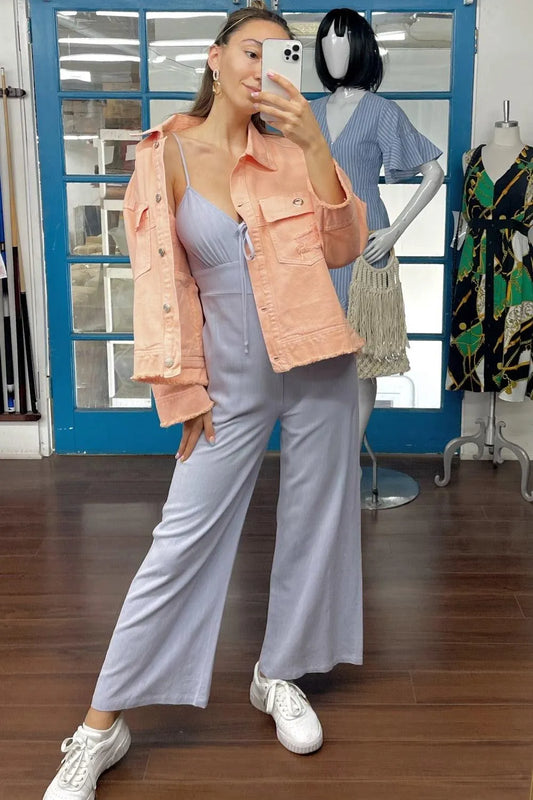 Washed Peach Distressed Button-Down Front Raw Hem Detail Wide Sleeve Oversized Denim Jacket /4-2 - Tasha Apparel Wholesale