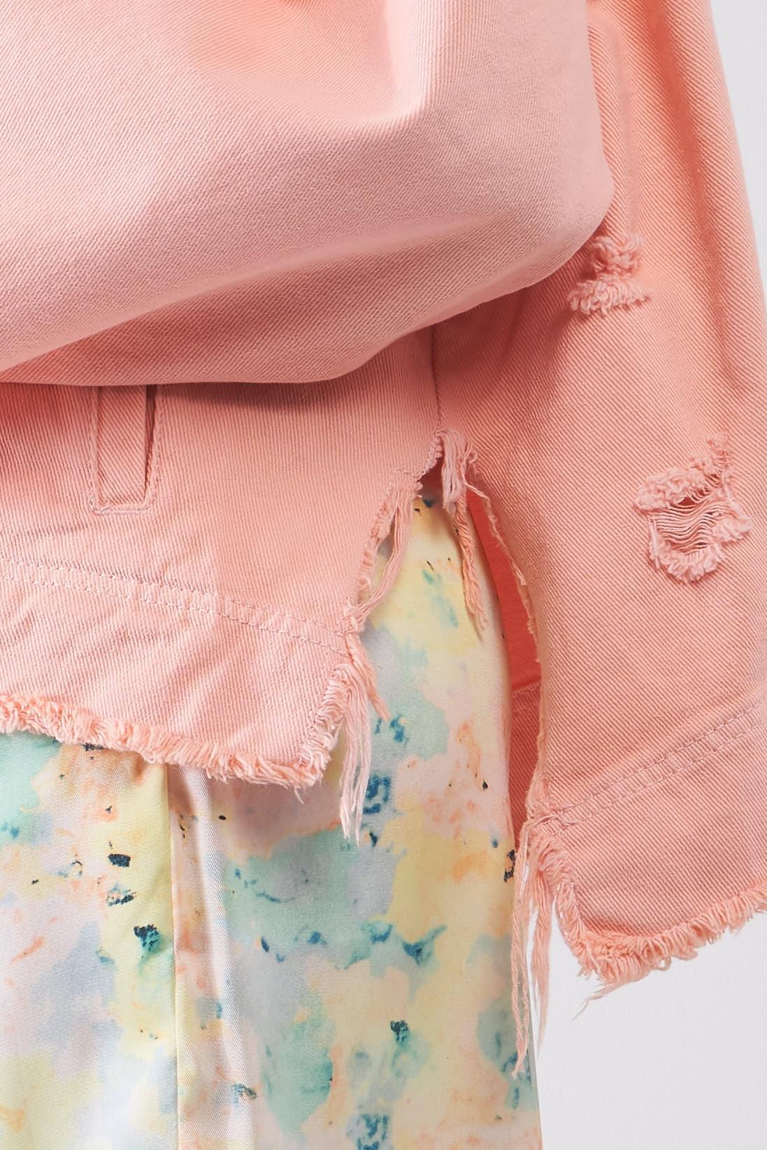 Washed Peach Distressed Button-Down Front Raw Hem Detail Wide Sleeve Oversized Denim Jacket /4-2