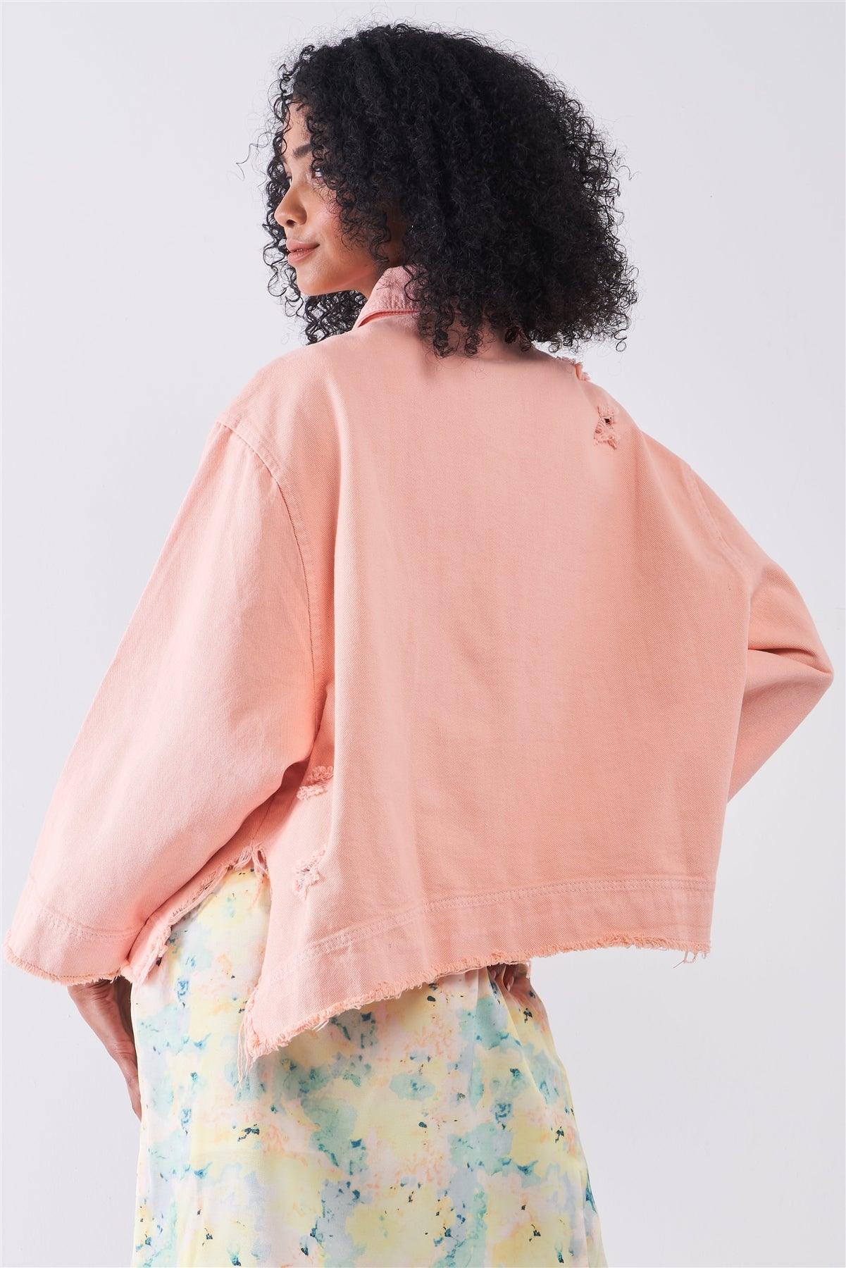 Washed Peach Distressed Button-Down Front Raw Hem Detail Wide Sleeve Oversized Denim Jacket /4-2