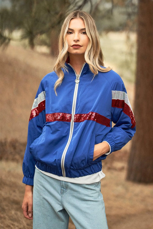 Disco Calling! Red & Blue Retro Printed Lettering Back Detail Sequin Stripe Trim Long Sleeve Zip-Up Windbreaker Jacket /3-2-1 - Tasha Apparel Wholesale
