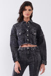 Washed Black Wrinkled Denim Raw Hem Detachable Balloon Sleeve Detail Button-Down Convertible Cropped Jacket /3-2-1 - Tasha Apparel Wholesale