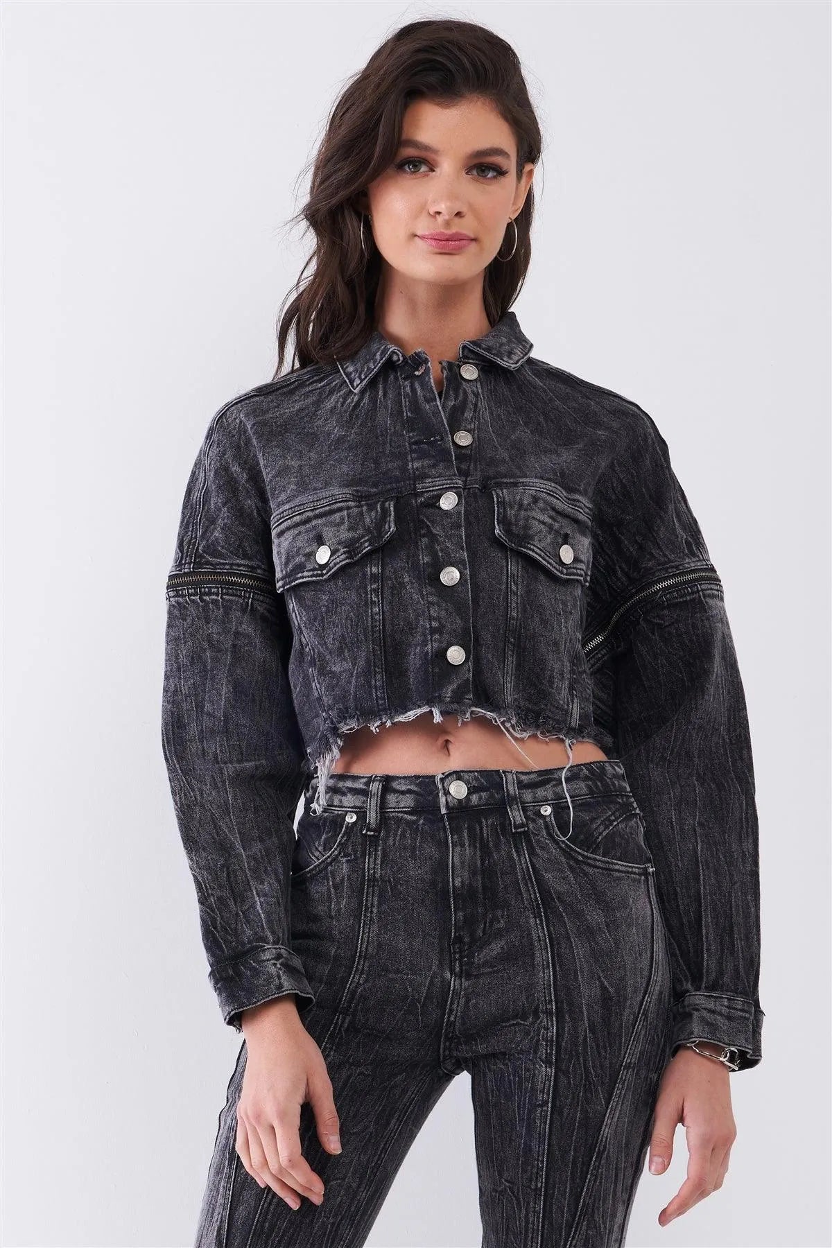 Washed Black Wrinkled Denim Raw Hem Detachable Balloon Sleeve Detail Button-Down Convertible Cropped Jacket /3-2-1 - Tasha Apparel Wholesale