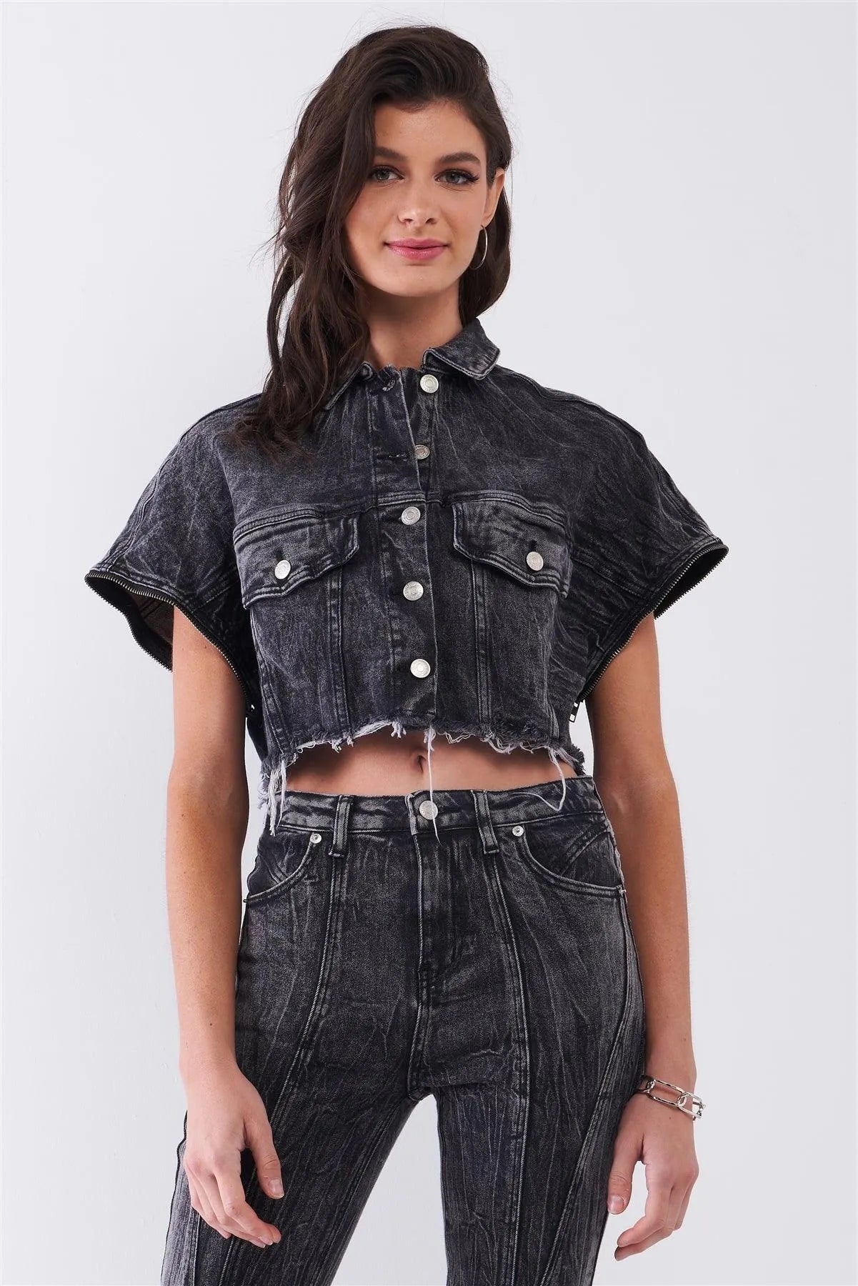 Washed Black Wrinkled Denim Raw Hem Detachable Balloon Sleeve Detail Button-Down Convertible Cropped Jacket /3-2-1 - Tasha Apparel Wholesale