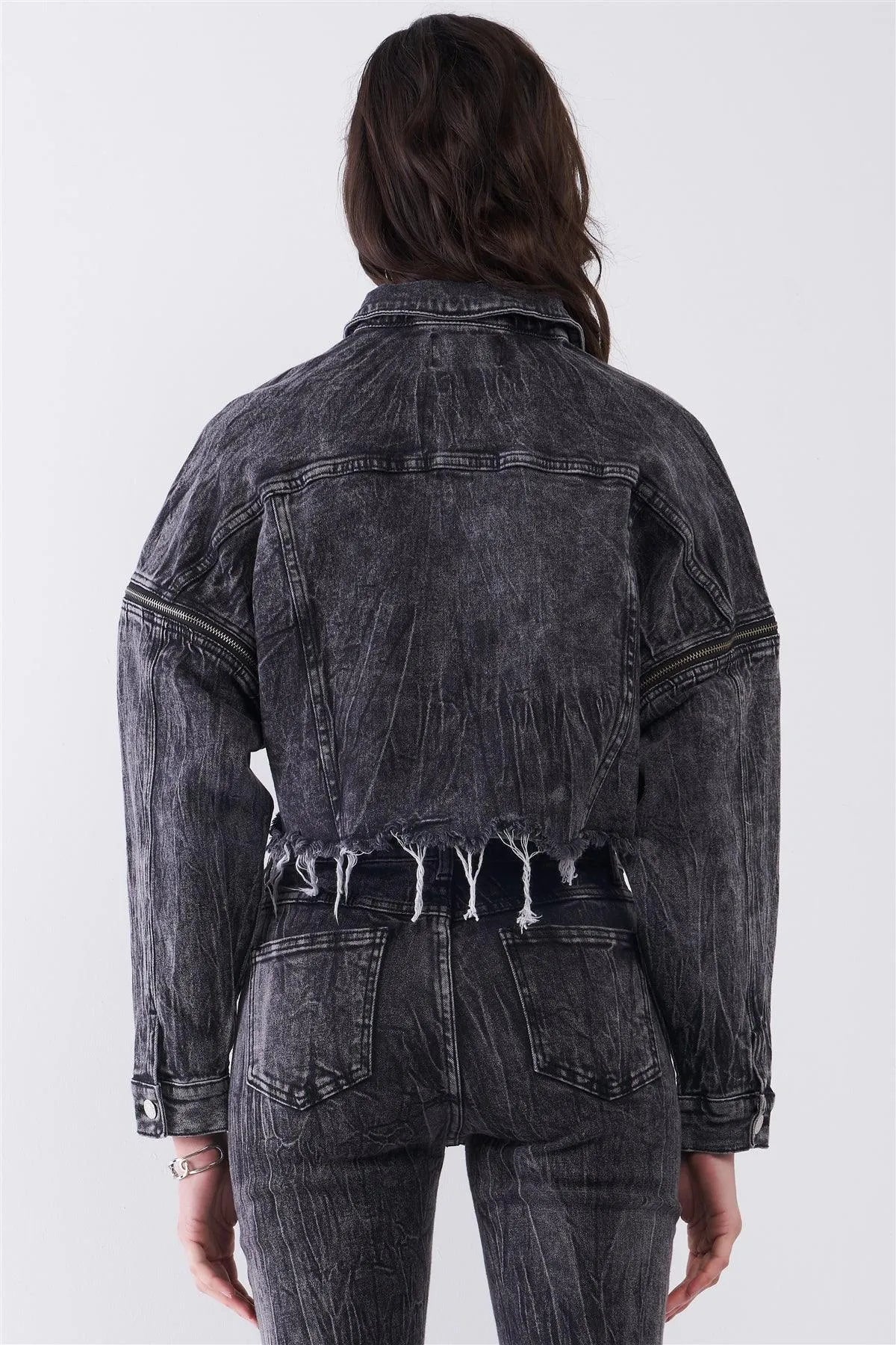 Washed Black Wrinkled Denim Raw Hem Detachable Balloon Sleeve Detail Button-Down Convertible Cropped Jacket /3-2-1 - Tasha Apparel Wholesale