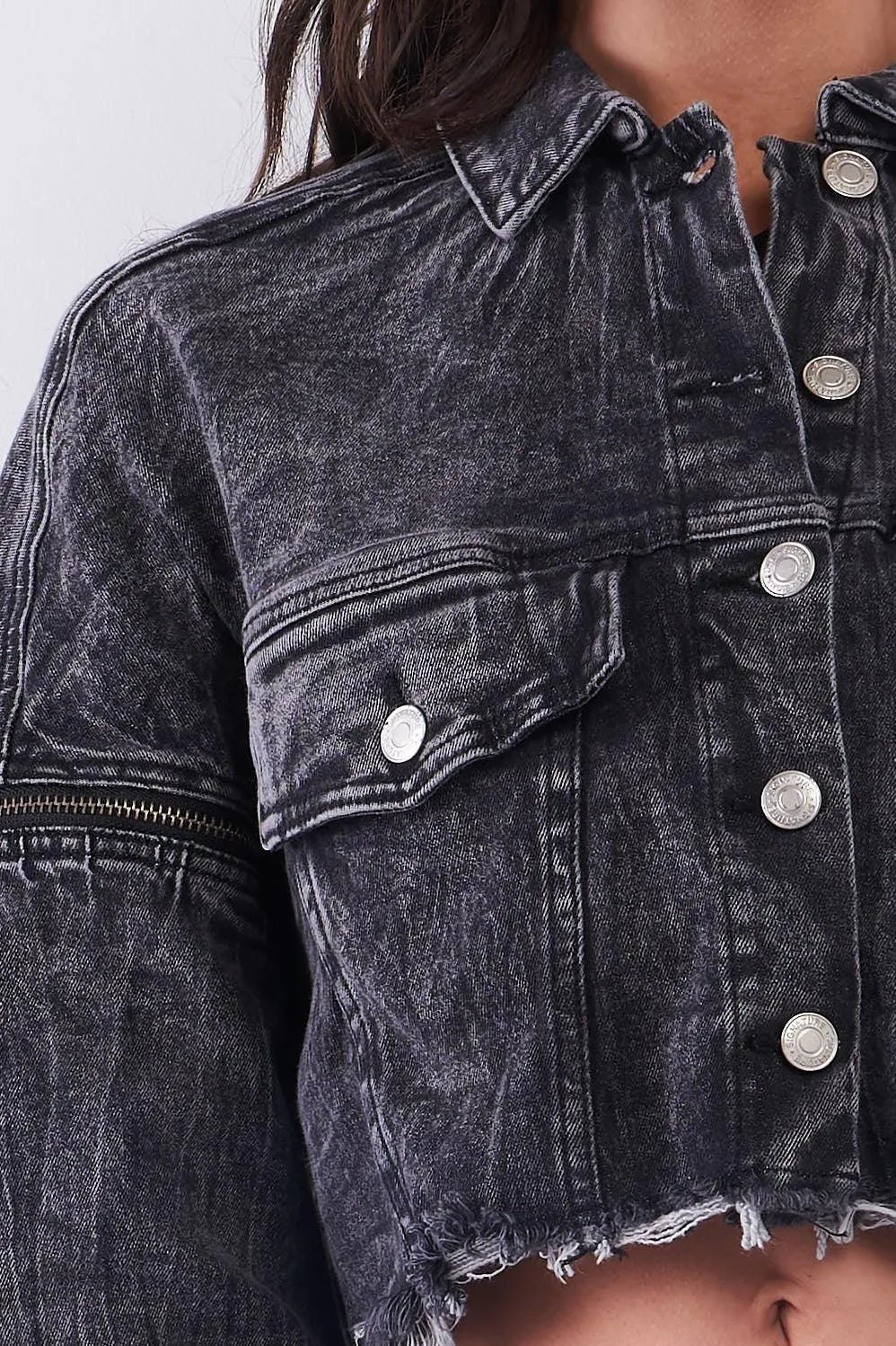 Washed Black Wrinkled Denim Raw Hem Detachable Balloon Sleeve Detail Button-Down Convertible Cropped Jacket /3-2-1 - Tasha Apparel Wholesale