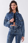 Medium Blue Wrinkled Denim Raw Hem Detachable Balloon Sleeve Detail Button-Down Convertible Cropped Jacket /3-2-1 - Tasha Apparel Wholesale
