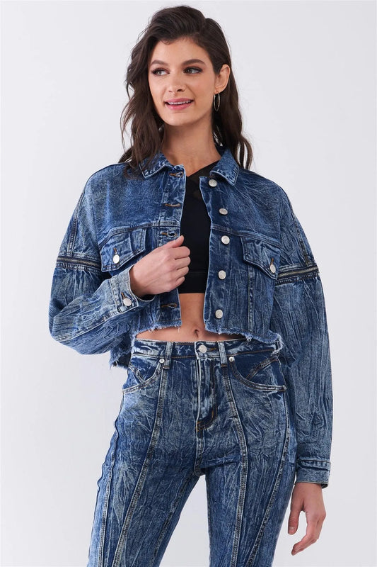 Medium Blue Wrinkled Denim Raw Hem Detachable Balloon Sleeve Detail Button-Down Convertible Cropped Jacket /3-2-1 - Tasha Apparel Wholesale