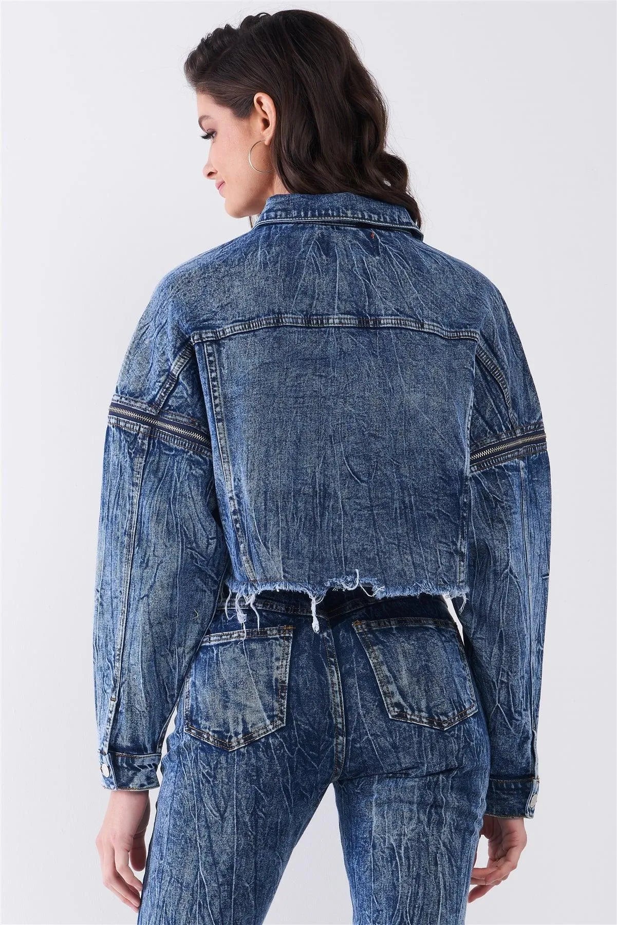 Medium Blue Wrinkled Denim Raw Hem Detachable Balloon Sleeve Detail Button-Down Convertible Cropped Jacket /3-2-1 - Tasha Apparel Wholesale
