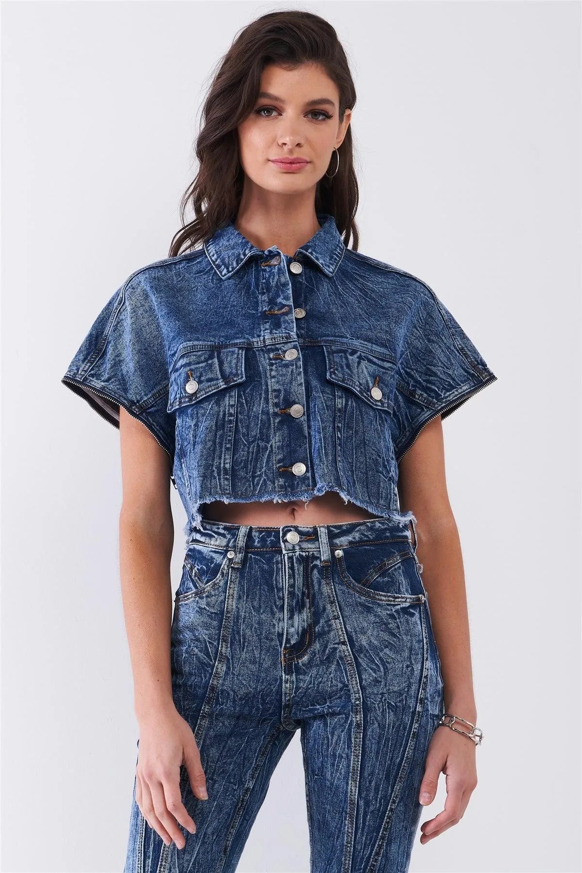 Medium Blue Wrinkled Denim Raw Hem Detachable Balloon Sleeve Detail Button-Down Convertible Cropped Jacket /3-2-1 - Tasha Apparel Wholesale