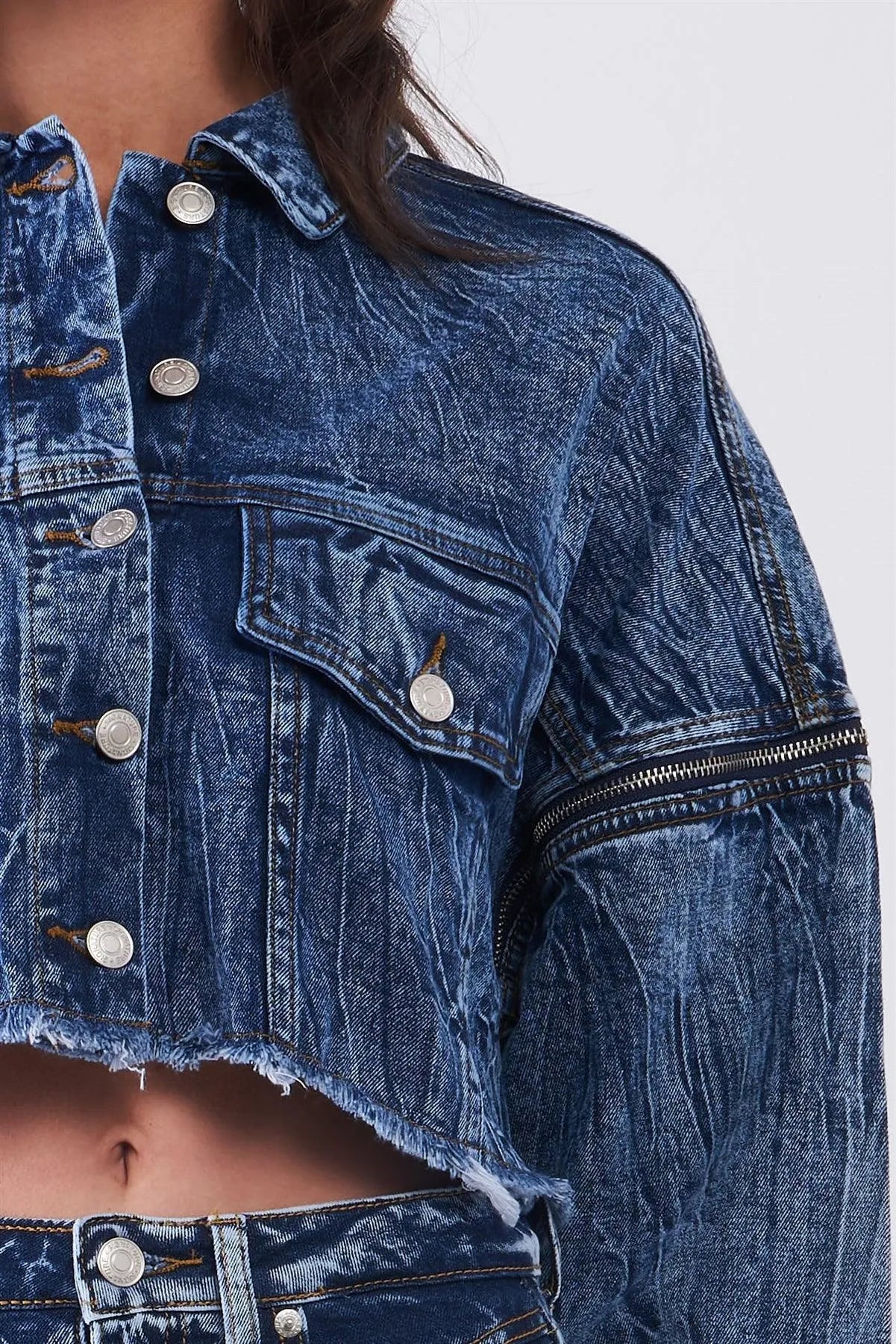 Medium Blue Wrinkled Denim Raw Hem Detachable Balloon Sleeve Detail Button-Down Convertible Cropped Jacket /3-2-1 - Tasha Apparel Wholesale