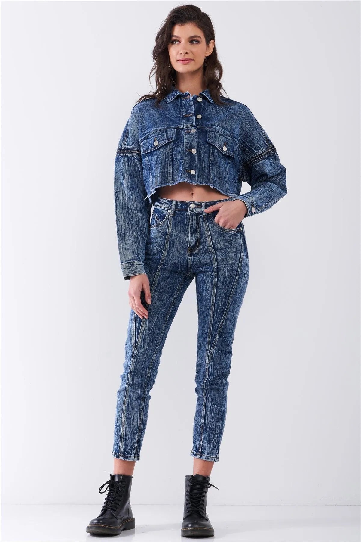 Medium Blue Wrinkled Denim Raw Hem Detachable Balloon Sleeve Detail Button-Down Convertible Cropped Jacket /3-2-1 - Tasha Apparel Wholesale